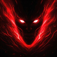 Fototapeta premium Ominous Dark Head with Luminous Red Eyes and Fangs
