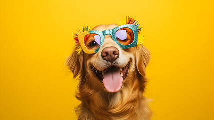 Dog wearing 2025 glasses, New Year celebration, Pet portrait, Festive canine, Yellow background