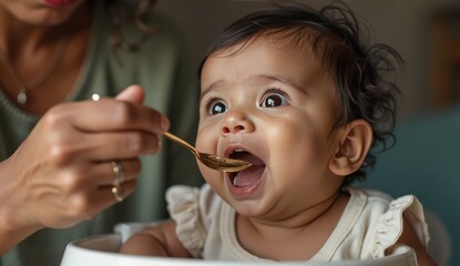 caring indian mother giving food to her baby