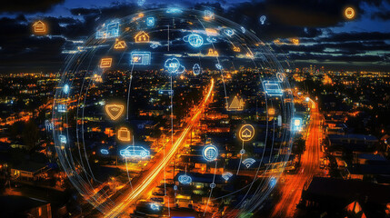 Connected urban landscape, digital networking over a sprawling city at dusk