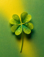 A close-up of a four-leaf clover placed on a soft yellowish green background.