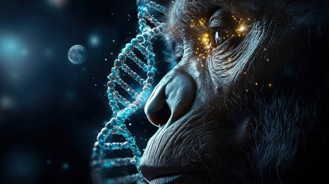 A gorilla with a glowing eye and a DNA strand in its mouth