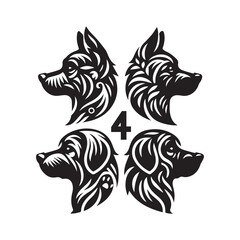 create 4 dog head silhouette vector on white background 