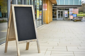 Outdoor chalkboard sign by a modern building