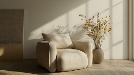 Serene Minimalist Living Room Interior with Beige Armchair and Dried Flowers