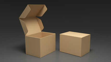 Mockups of closed and open kraft cardboard box with hinged lid. 3d illustration on gray background