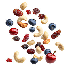 Assorted dried fruits and nuts mix, including cashews, almonds, walnuts, cranberries, and raisins, falling on a transparent background Concept of healthy snack, nutrition, and natural food