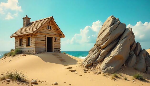 House constructed on the sand vs house constructed on a rock. Parable of the wise and foolish builders. Gospel of Matthew, symbolizing wisdom and folly, created with generative ai