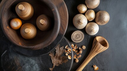 Wooden kitchen utensils with spices on dark fabric