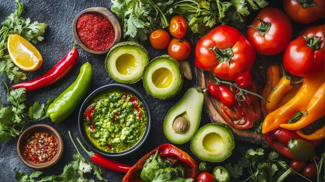 Colorful fresh vegetables and dips on slate