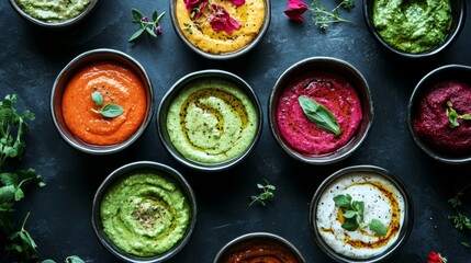 Colorful hummus bowls with herbs and spices