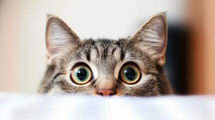 Obraz premium A curious cat peeking over a surface with big, expressive eyes. Its attention is fixed, capturing a moment of pure wonder. 