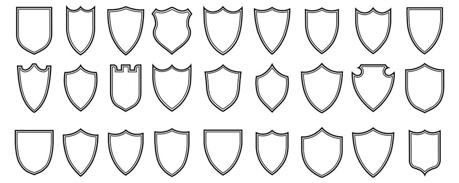 Shield icon. Outline shield vector set. Collection of security line shield icons. Different shields in black for your design.