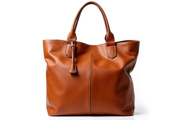 Stylish brown leather tote bag isolated on white background, travel, handbag