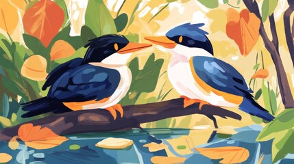 Ringed Kingfishers on Branch by Water Lush Foliage Colorful Illustration