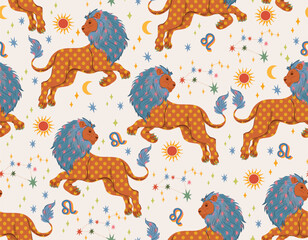 Materiał do szycia LEO zodiac star seamless pattern. LEO sign symbol stars Vector EPS10 ,