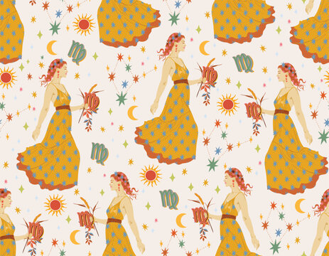VIRGO zodiac star seamless pattern. VIRGO sign symbol stars Vector EPS10