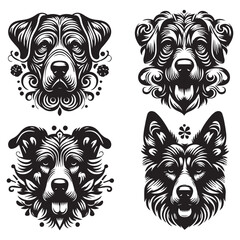 create 4 dog head silhouette vector on white background 