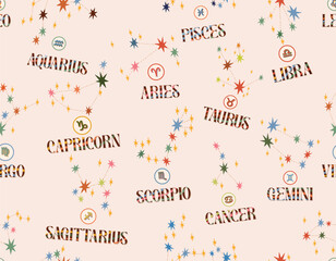 12 zodiac star seamless pattern. All 12 constellation sign symbol  Vector EPS10 Hand Drawn Illustration