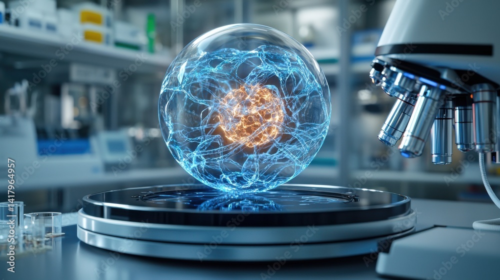Poster a glowing sphere of blue and orange is displayed on a table in a laboratory