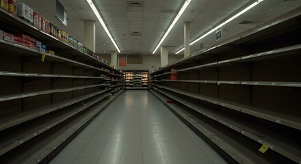 Empty Shelves: A stark depiction of a grocery store with completely bare shelves, illuminated by overhead lights, creating a powerful visual narrative.