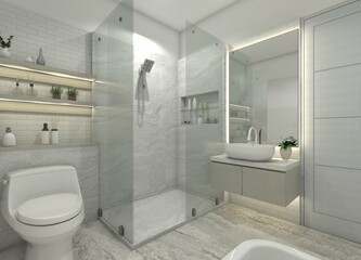 Modern 3D minimalist bathroom interior showcasing a shower, vanity cabinet with a mirror, toilet, and display racks.