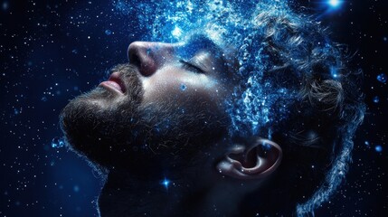 Fototapeta premium A man's face is covered in glitter and is floating in space