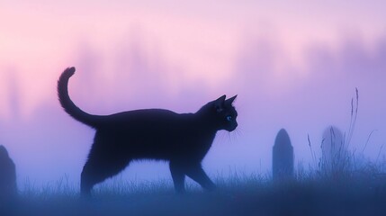 Silhouette of a Cat Walking Through a Misty Cemetery at Sunrise Creating a Mysterious Atmosphere