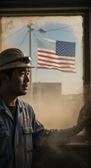 Obraz premium A Patriot's Gaze: A contemplative miner gazes out a dusty window towards the American flag. This image captures a blend of hardship and national pride.