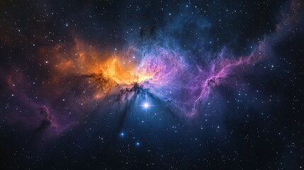 Spectacular cosmic cloudscape with vibrant hues of orange, purple, and blue