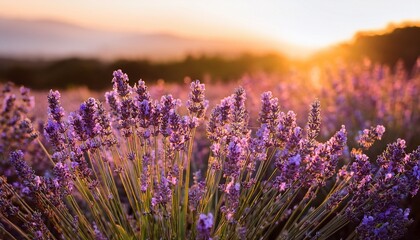 Obraz premium Close up lavender flowers in beautiful field at sunset