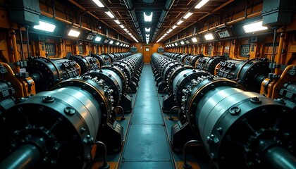 Fototapeta premium Top view of the ship's main engines inside the engine room, Engine room of container ship, created with generative ai