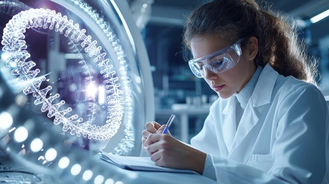 A woman in a lab coat is writing in a notebook - Powered by Adobe