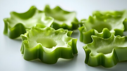 Close-up of fresh, vibrant green bitter melon slices, meticulously arranged.  The texture and detail of the vegetable are highlighted against a bright background.