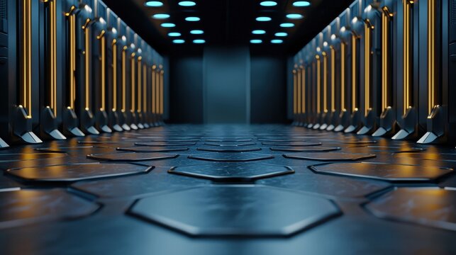 A futuristic space with a lot of hexagonal tiles