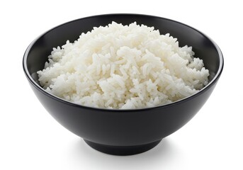 A serving of fluffy cooked white rice in a sleek glossy black ceramic bowl isolated on white background
