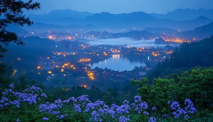 Night View of City Lights and Lake Nestled in Mountains with Purple Flowers