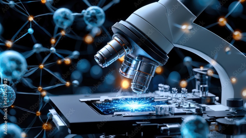 Poster A microscope is focused on a computer chip with a blue light shining on it