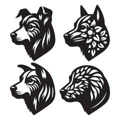 create 4 dog head silhouette vector on white background 
