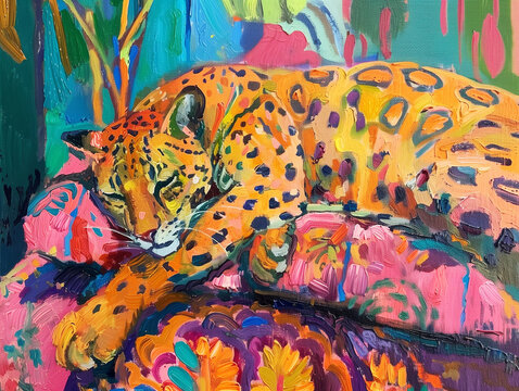 colorful big cat in a sofa painting art