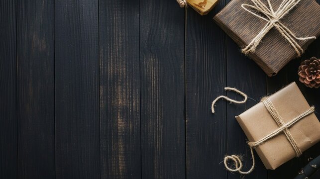 Gift boxes and string on dark rustic wooden table