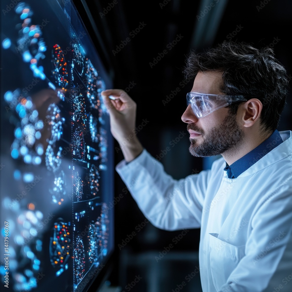 Poster A man in a lab coat is looking at a computer monitor with a drawing on it