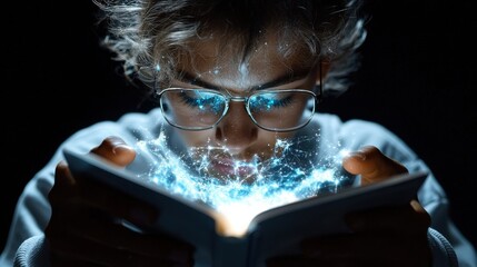 A man is reading a book with a glowing light around him