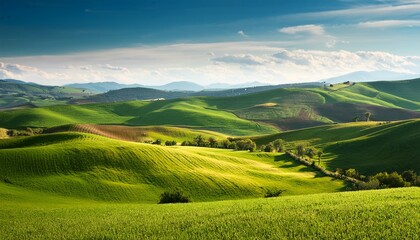 Obraz premium Summer rural landscape flat Italian scene with green hills and fields