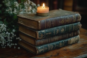 moody cinematic still life of antique books soft warm candlelight deep rich tones textured aged pages intimate storytelling composition