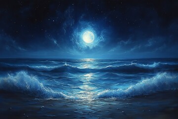Moonlit ocean floor with glowing plankton illuminating the scene, soft currents moving the sand