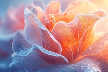 morning frost-covered pastel rose petals delicate icy texture glowing in warm sunrise light intricate macro details soft and natural composition 