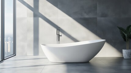 Modern bathtub in minimal white bathroom