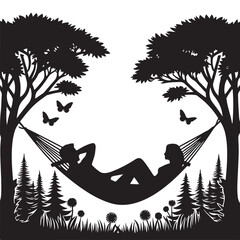 Couple Relaxing in Hammock under Trees Silhouette Illustration