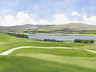 Obraz premium Serene greens A landscape watercolor of a lake framed by rolling hills a winding path under a cloudy sky